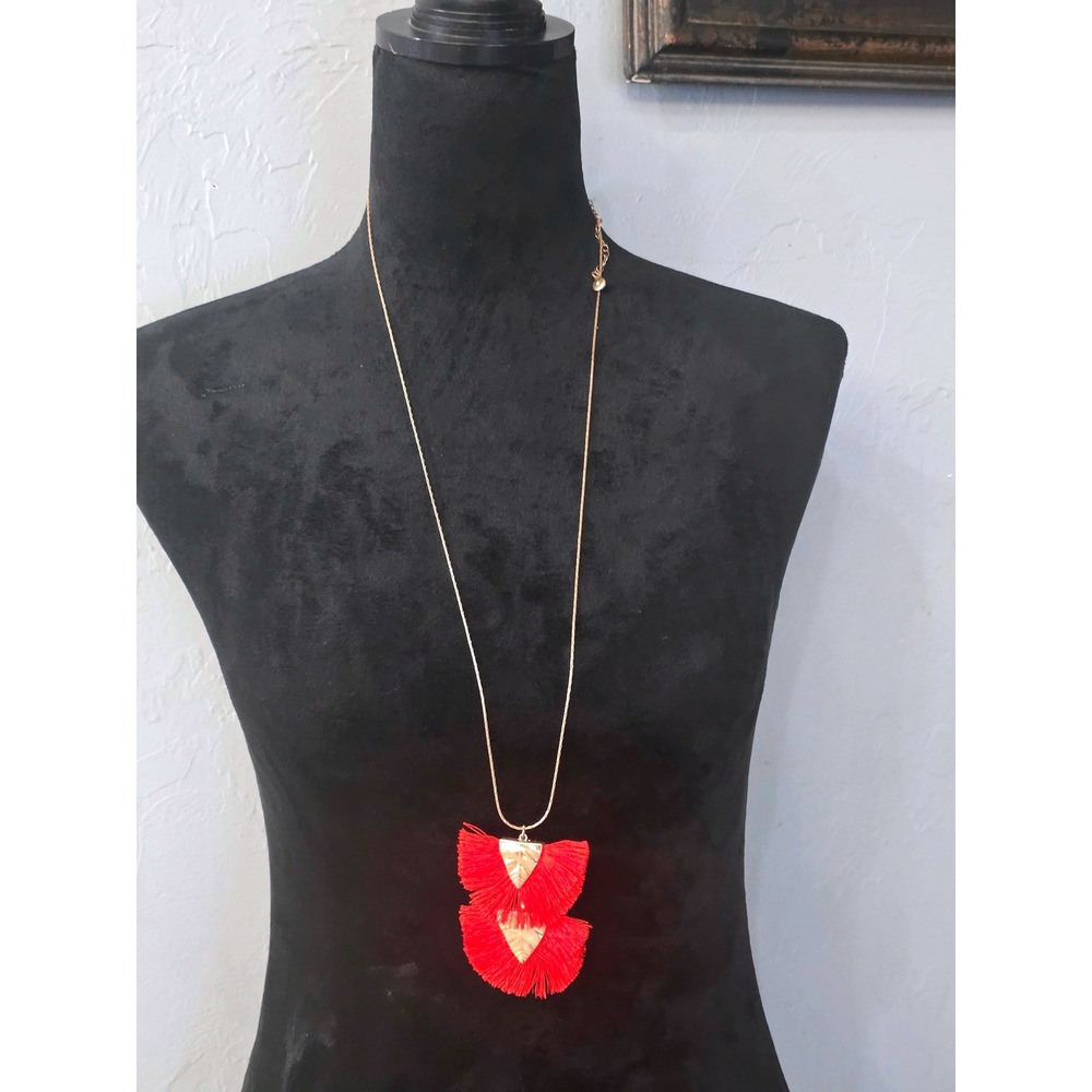 1946 Red Double Tassel Statement Necklace Gold Tone Snake Long‎  Chain
